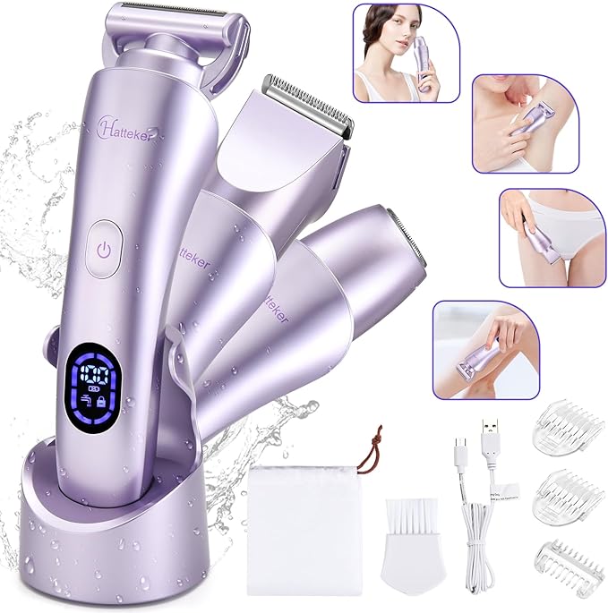 Hatteker Women's Electric Shaver Bikini Trimmer Hair Trimmer for Women LED Display Electric Razor for Legs Bikini Underarm Public Hairs Led Display IPX7 Waterproof Gift for Women (Purple)