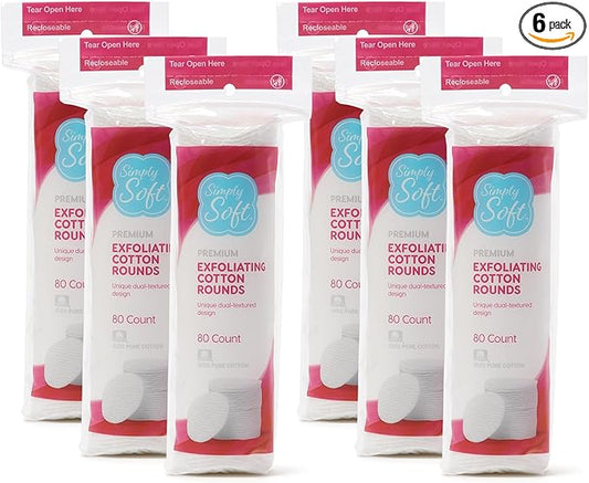 Simply Soft Hypoallergenic Exfoliating Dual Textured Cotton Rounds Pads, 80 Count (Pack of 6)