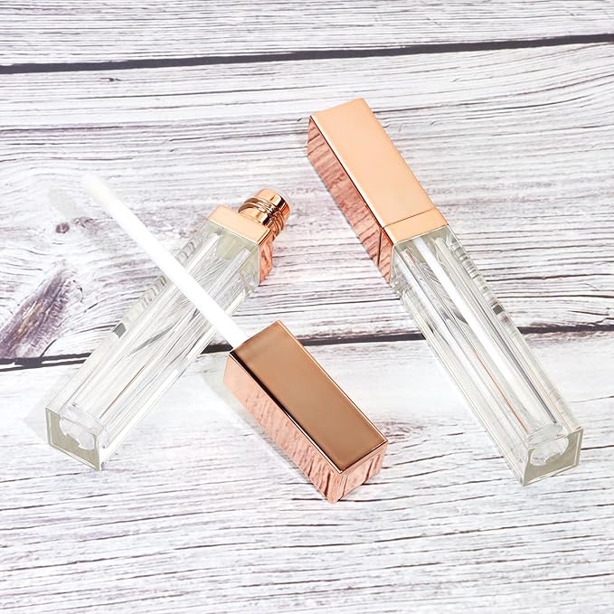 Mini Skater 6pcs 5ML Clear Empty Lip Gloss Tubes With Wand Reusable Refillable Travel Dispenser Bottle Vial With Rubber Stopper Cosmetic Container For Lipstick Balm Lip Glaze DIY Making (Rose Gold)