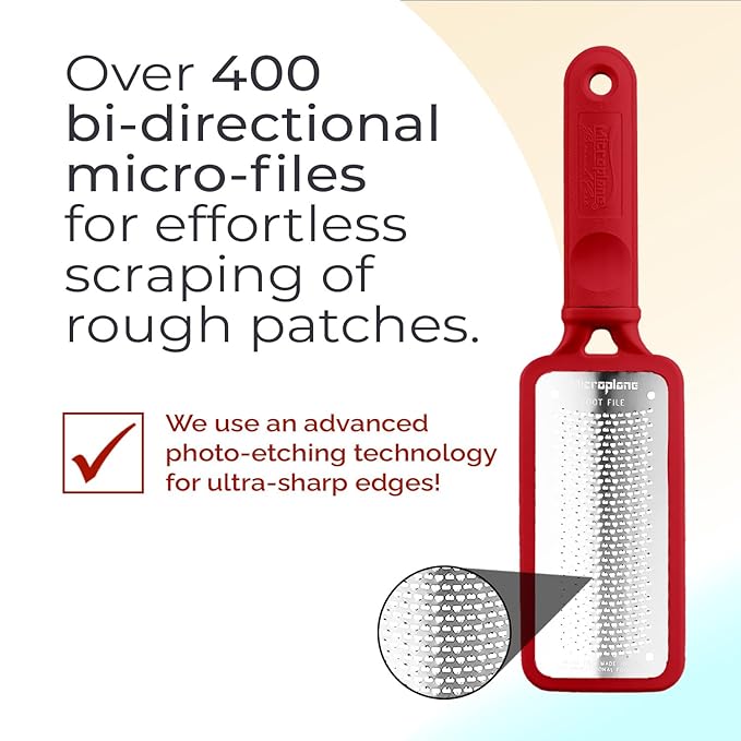 Microplane Colossal Foot File Scraper - The Original Stainless Steel Foot Rasp, Dead Skin/Callus Remover for Feet, Gentle Foot Scrubber, Pedicure Tools for Salon-Quality Foot Care, Red