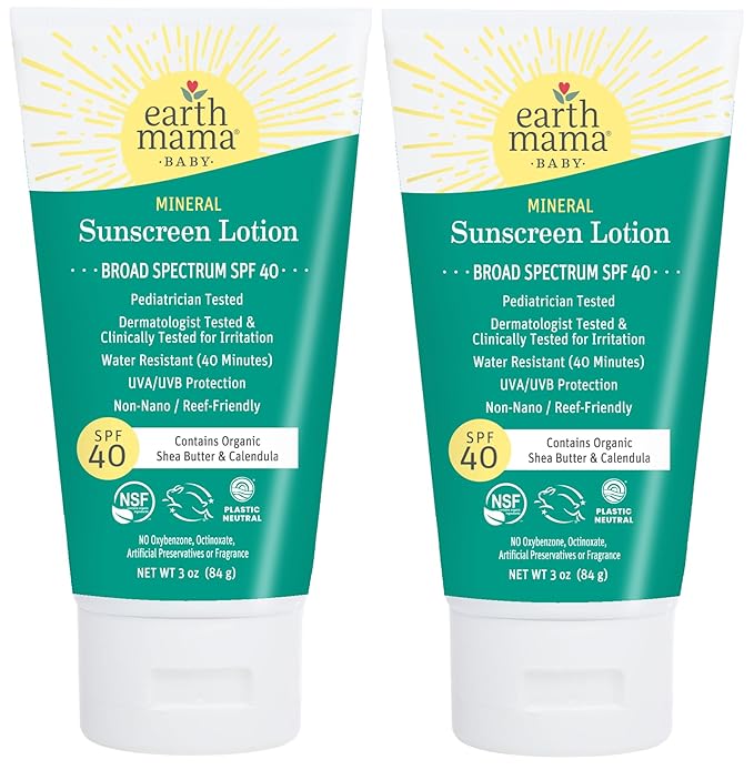 Earth Mama Baby Mineral Sunscreen Lotion SPF 40 | Reef Safe, Non-Nano Zinc, Natural Water Resistant Sun Cream for Babies, Kids & Adults, 3-Ounce (2-Pack)