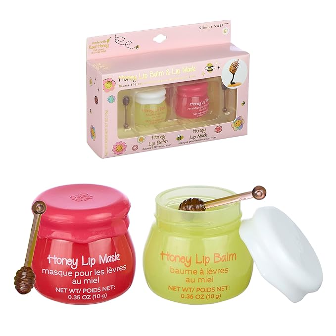 2pc Honey Lip Balm & Lip Mask Set -Simply Sweet Real Honey Jar w/Dipper Applicator Sticks | Safe and Non-Toxic Lip Gloss Gift Set For Girls