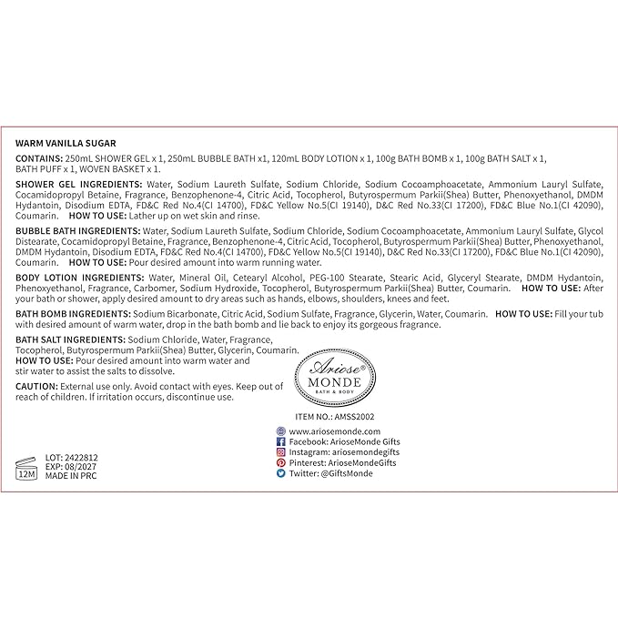 Bath and Body Warm Vanilla Sugar Spa Gifts for Women, with Shower Gel, Bubble Bath, Body Lotion, Bath Bomb, Bath Salt, Spa Basket Gift Set for Women, 7pcs Set Gifts