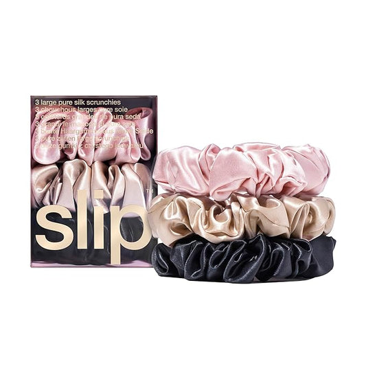 slip Large Scrunchie Multi | Set of 3 Pure Silk Large Scrunchies | Includes 1 Pink, 1 Caramel, 1 Black | 100% Mulberry Silk, Anti-Crease, Gentle on Hair, Reduces Breakage | Stylish & Durable