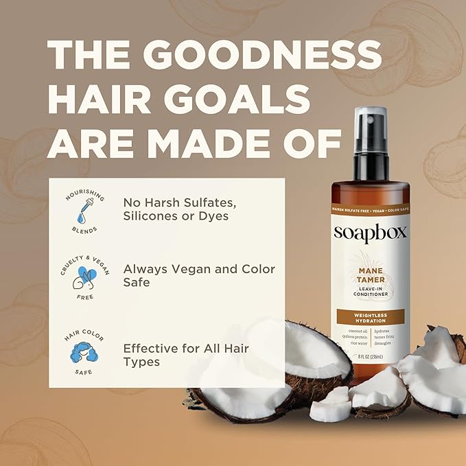 Soapbox Mane Tamer, Leave-In Conditioner Spray to Tame Frizz, Smooth Fly Aways, Hydrate, Add Shine & Detangle Dry, Damaged Hair, Paraben Free, Vegan (8oz)