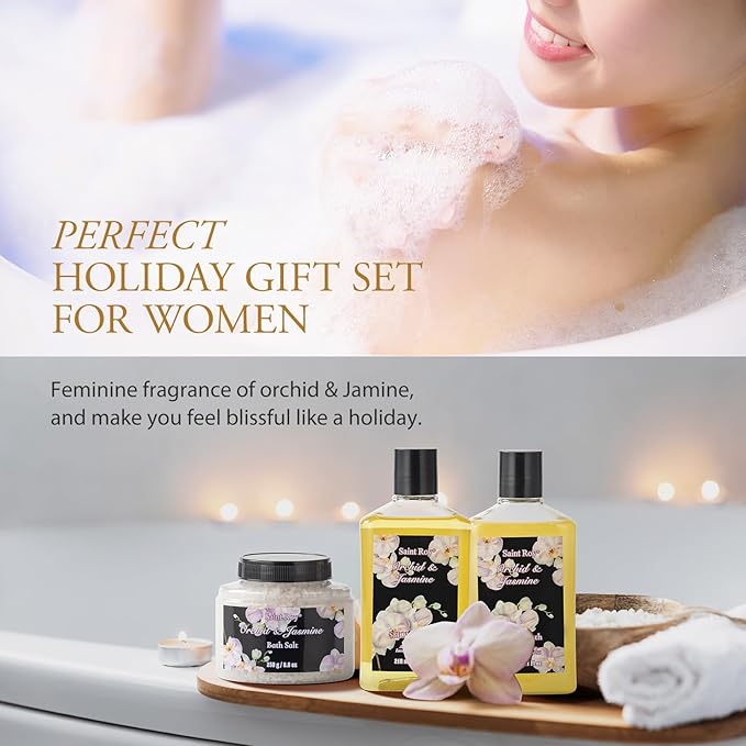 Mother's Day Gift for Mom Bath and Body Gift Basket Orchid & Jasmine Spa Gift Baskets for Women Fragrant Body Lotions, Bath Bomb, Home Spa Gift Basket Rich in Jojoba oil & Shea Butter, Bath Kit Sets