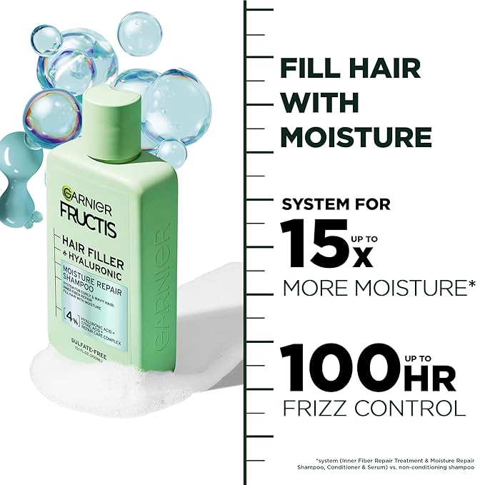 Garnier Fructis Hair Filler Moisture Repair Shampoo and Conditioner Set, Hair Care for Curly, Wavy Hair with Hyaluronic Acid, 10.1 Fl Oz, 2 Items, 1 Kit