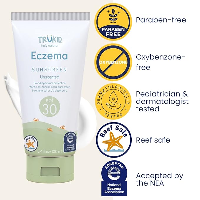 TruKid Eczema SPF30 Face Sunscreen Unscented 3.4oz Baby Sunscreen, Natural Ingredients Kids Sunscreen, Reef-Friendly Travel Size Sun Screen, Beach Defense Sunscreen for Kids, Toddlers, Babies & Adults