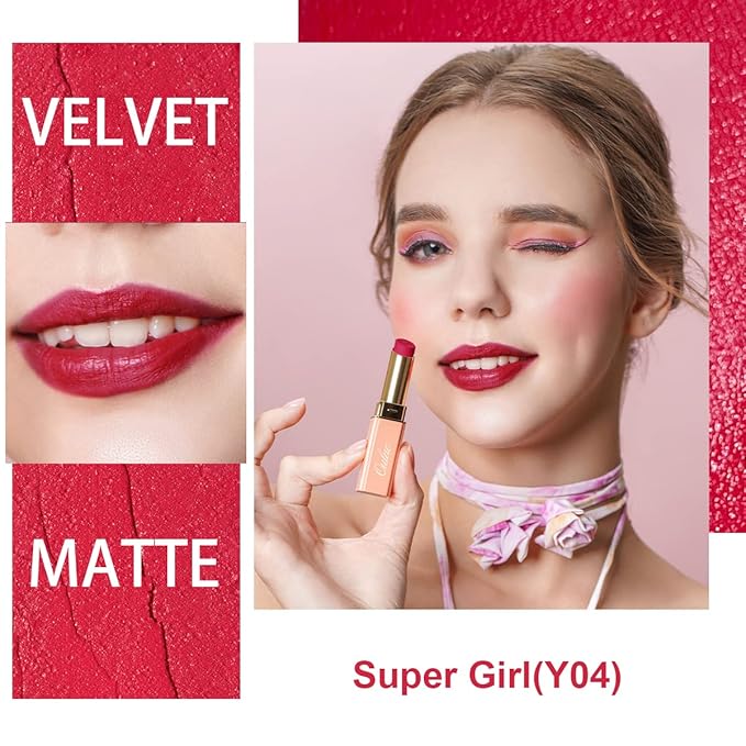 Oulac Pinky Red Creamy Matte Lipstick, Soft Satin Finish Lipsticks for Women with Moisturising Formula, Rich Color, Highly Pigmented Enriched with Rose Oil, Vegan & Cruelty-Free| 3.6g (Y04)