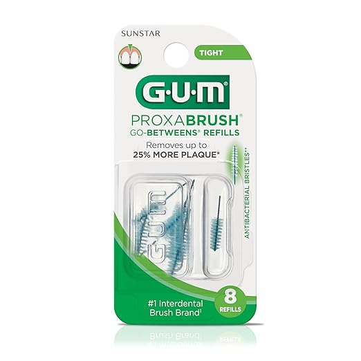 GUM Proxabrush Go-Betweens Refills - Tight - Compatible with GUM Permanent Handle -Reusable Interdental Brushes for Tight Teeth - Soft Bristled Dental Picks, 8 Count