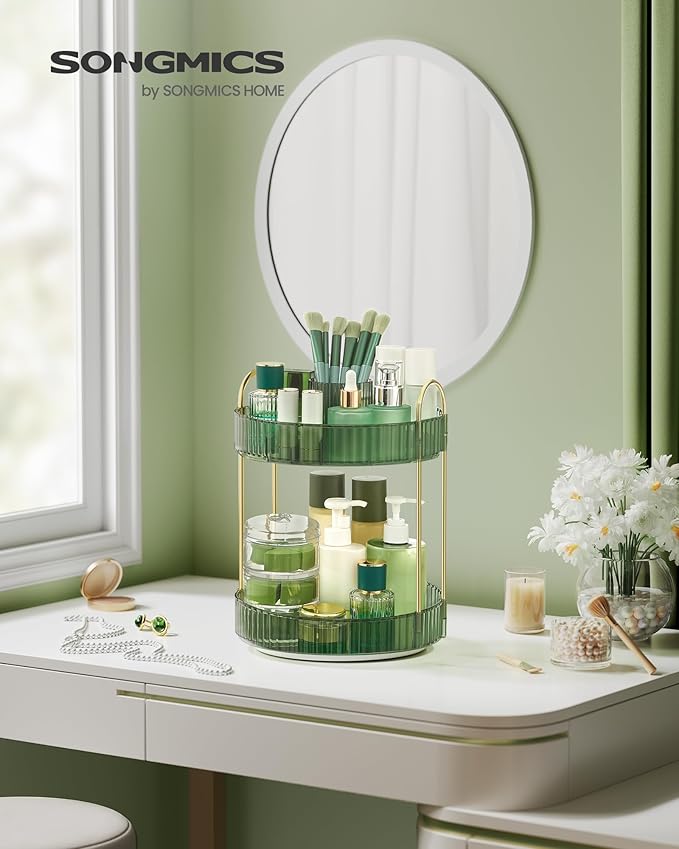 SONGMICS Makeup Organizer, 2-Tier Round Rotating Skincare Organizer Countertop, Customizable, Toiletries Vanity Organizer, Lazy Susan, Gift, Pale Green UJKA012C01