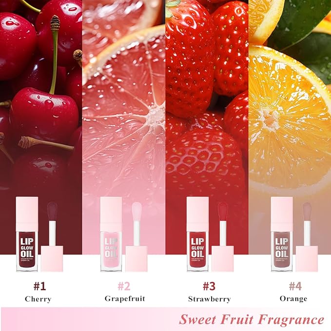 Glow Lip Oil Set, 4 Colors Tinted Glow Lip Oil Set, Hydrating Transparent Moisturizing Plumping Non-Sticky Big Brush Head Lip Gloss