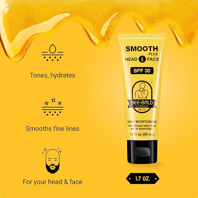 Bee Bald SMOOTH PLUS Daily Moisturizer With SPF 30 Broad Spectrum Sunscreen - Head and Face Moisturizer Lotion for Men and Women Too - Hydrate and Protect Skin from Harmful UVA/UVB Rays - 1.7 fl Oz