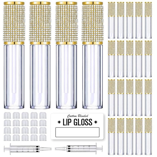 AMORIX 24 Pack Gold Crystal Lip Gloss Tubes with Wand 5ml Empty Lip Gloss Containers Lipgloss Bottles with Stoppers 2pcs Syringes + Labels for DIY Lip Gloss Balm