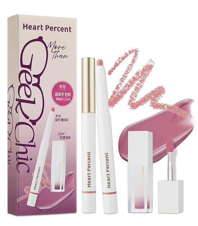 Heart Percent Dote On Mood Overlip Pencil & Stain Duo Set, Long-Lasting Creamy Lip Crayon & Pure Glow Tint Dewy Moisturizing Liquid Lipstick, #GeekChic Overlip Set
