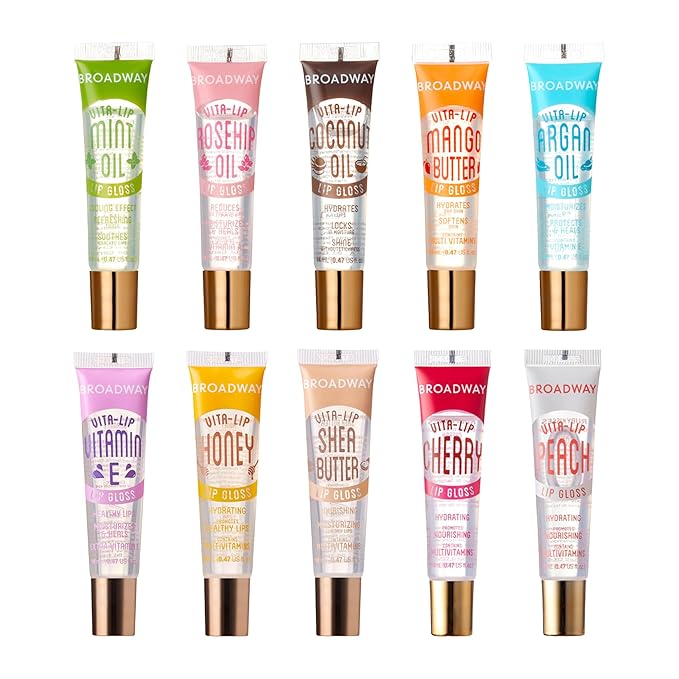 Ruby Kisses Broadway Vita-Lip Clear Lip Gloss (10 Pack), Hydrating & Soothing Formula with Vitamin, High-Shine Non-Sticky Lip Balm with Mint, Rosehip, Coconut, Mango, Argan, Honey, Shea, Cherry, Peach