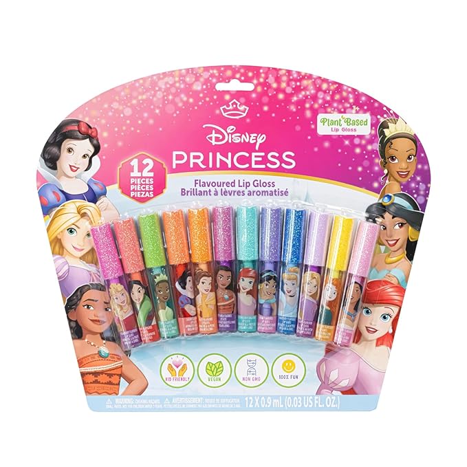 Disney Princess 12 Piece Plant Based Lip Gloss, Girls Party Favors, First Makeup Set for Girl, Perfect for Parties, Sleepovers, and Birthday Gifts, Ages 3+, by Townley Girl
