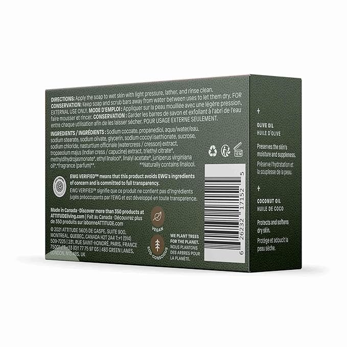 ATTITUDE Body Soap Bar, Natural Origin, Protects and Softens Dry Skin, Coconut & Olive Oils, For men and Women, EWG Verified & Vegan, Herbal Musk, 4 Oz