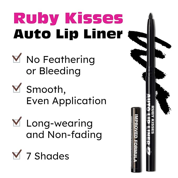 Ruby Kisses Auto Lip Liner Pencil (Black 3 Pack), Long Lasting & Non-Fading, Smooth Application, Non-Feathering with Rich Pigmented Color, No Sharpener Needed, Ideal for Full Lips Look