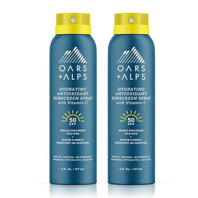 Oars + Alps Sunscreen Spray for Face & Body, SPF 50 Spray Sunscreen Infused with Vitamin C & Antioxidants, No White Residue, Water & Sweat Resistant, All Skin Types, Lightweight, Hydrating, 6oz, 2pk