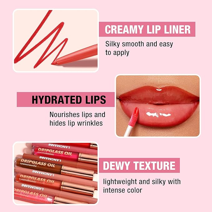 Jolilab Matte Lip Liner Lip Oil Set, Lip Makeup Set Natural Smooth Long-Lasting And Hydrating Beauty Daily Cosmetics Gift for Girls Easy-to-Use（8pcs）