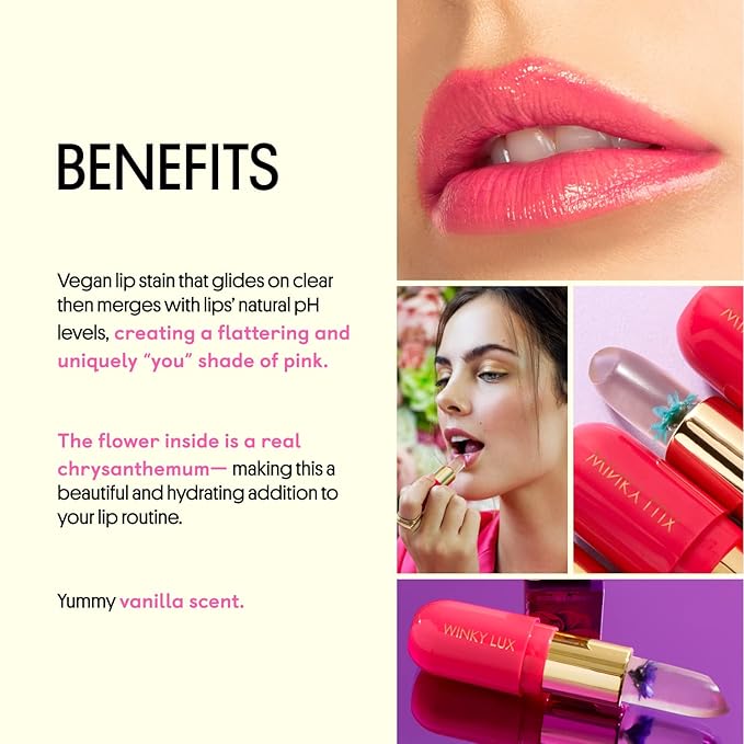 Winky Lux Flower Balm, pH Lip Balm, Color Changing Lipstick and Tinted Stain, Vegan & Cruelty Free Lip Balm, Hydrate & Plump, Sheer Pink Lipstick, Blue Flower