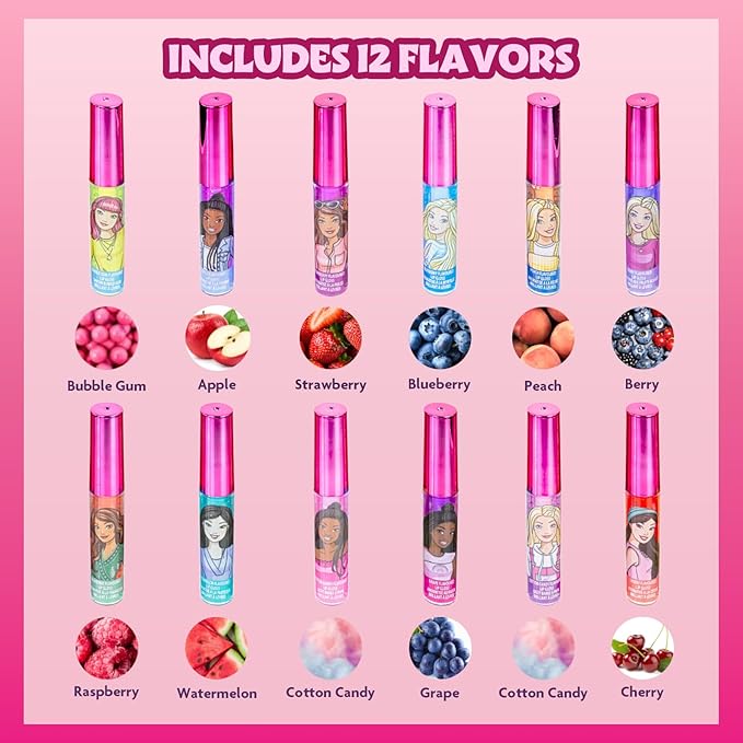 Barbie 12 Piece Plant Based Lip Gloss, Girls Party Favors, First Makeup Set for Girl, Perfect for Parties, Sleepovers, and Birthday Gifts, Ages 3+, by Townley Girl