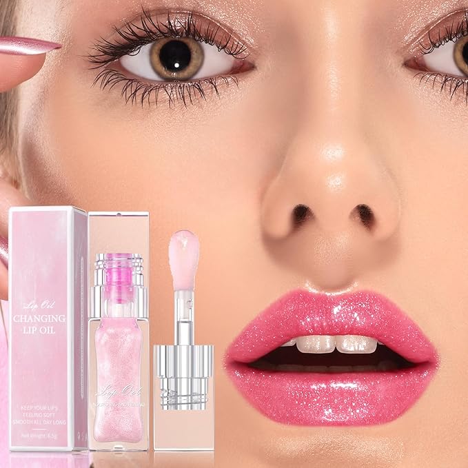 Magic Color Changing Lip Oil, Temperature Color Change Lip Gloss, Moisturizing Lip Tint Oil, Non Sticky, Long Lasting, Transparent Lip Makeup for Women and Girlls (Pearly Pink)