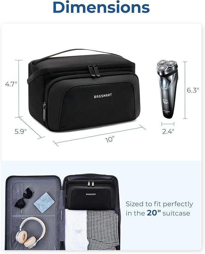 BAGSMART Toiletry Bag for Men, Wide Opening Travel Bag for Toiletries, Dopp Kit Water Resistant Shaving Hygiene Bag for Bathroom Shower, Toiletries Accessories,Travel Essentials-Black