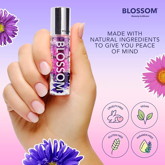 Blossom Roll on Lip Gloss, Scented Clear High Shine Moisturizing Lip Oil, Non Sticky, Infused with Real Flowers, Made in USA, 0.2oz, Lychee
