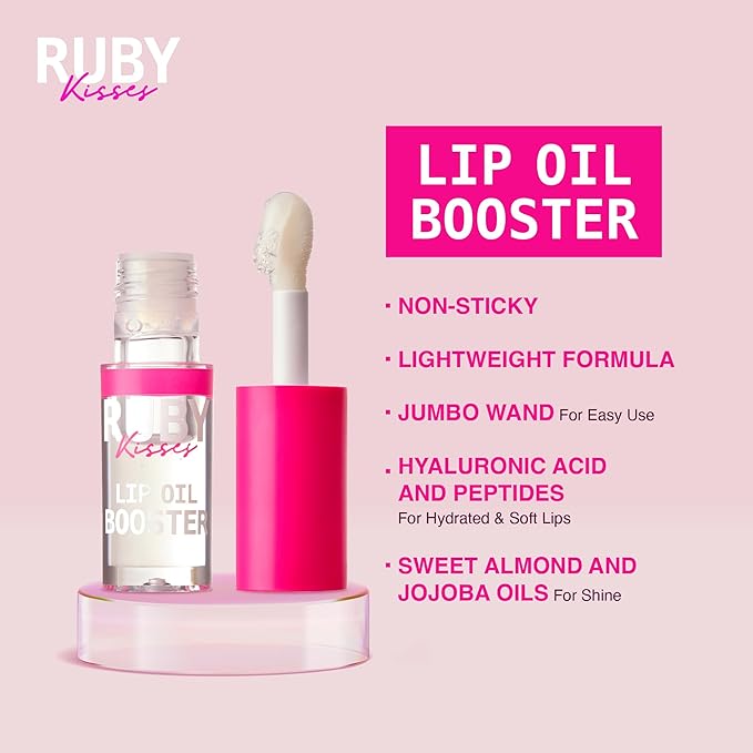 Ruby Kisses Lip Oil Booster, Hydrating Lip Gloss with Nourishing Natural Oil Blend, Jumbo Wand for Easy Application, Non-Sticky Formula (Clear)