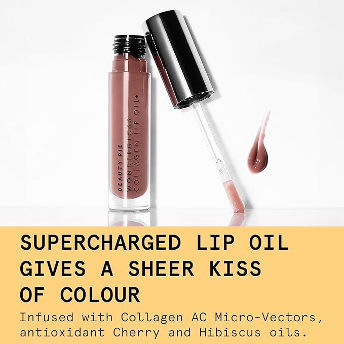 Beauty Pie Wondergloss Collagen Lip Oil + (Nude Nectar) – Hydrating, Plumping, Non-Sticky Gloss with Collagen AC Micro-Vectors & Cherry Oils