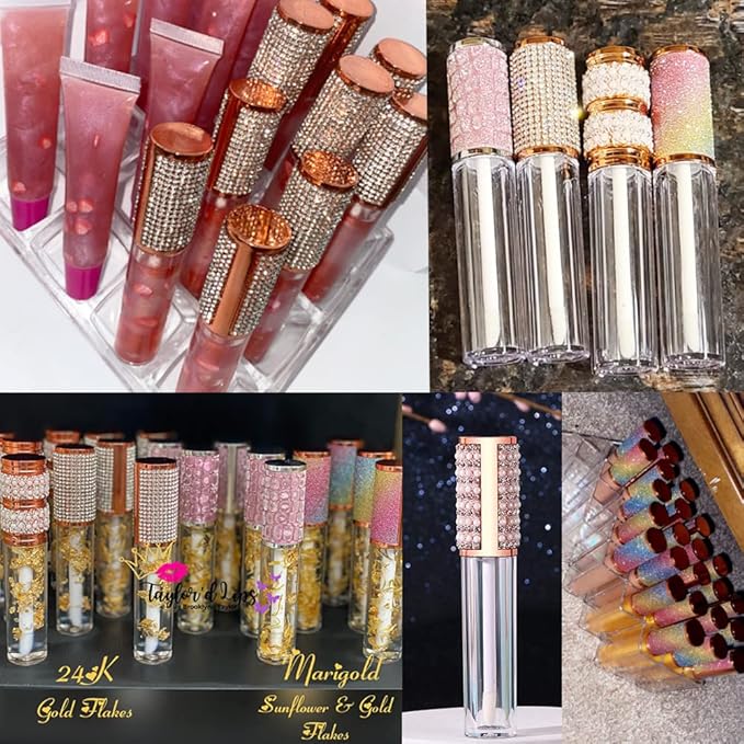 AMORIX 72pcs 5ml Diamond Lip Gloss Tubes with Wand Lipgloss Tubes Bulk Empty Rhinestone Lip Gloss Containers Bottles Crystal Lip Gloss Supplies Kit, 4 x Syringes + Labels for DIY Lip Gloss Base