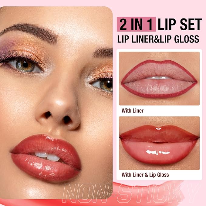 Jolilab Matte Lip Liner Lip Oil Set, Lip Makeup Set Natural Smooth Long-Lasting And Hydrating Beauty Daily Cosmetics Gift for Girls Easy-to-Use（12pcs）