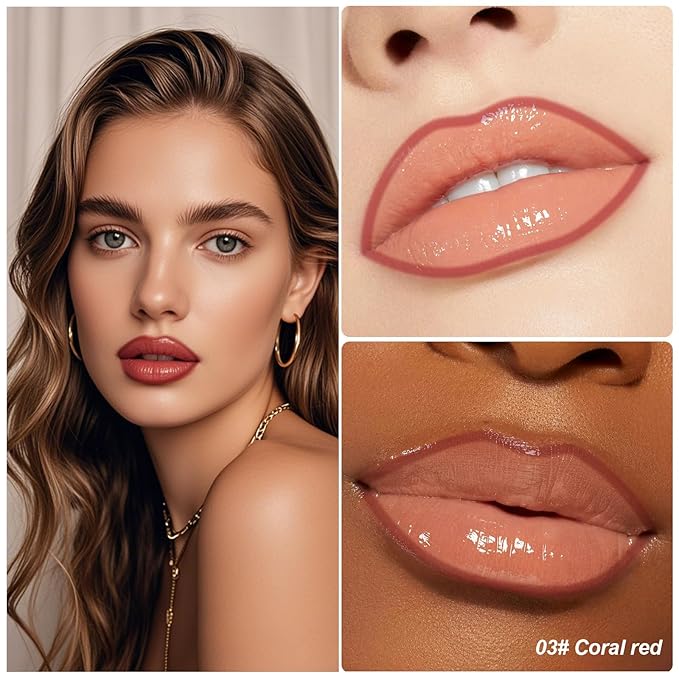 KISSIO Lip Stain Set,Peel Off Lip Liner Stain and Lip Care Oil,Transfer Proof,Long Lasting and Waterproof Lip Tint,Matte Finish,Lip Combo,03 Coral Red