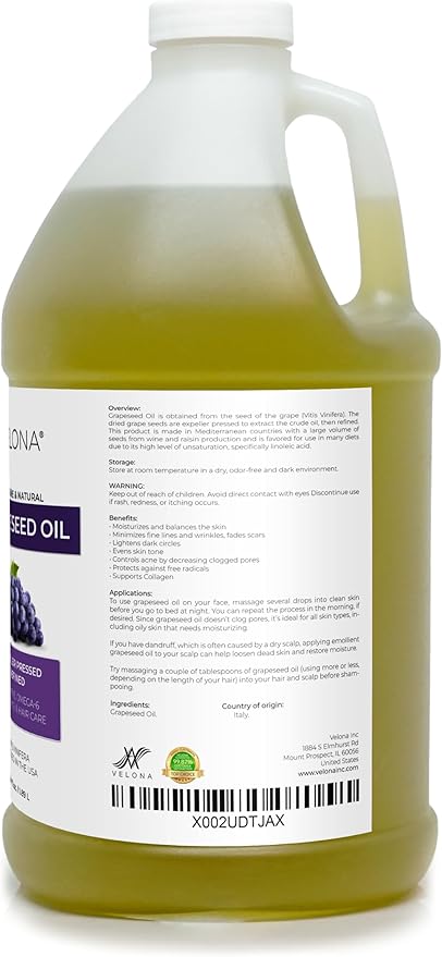 velona Grapeseed Oil 64 fl oz | 100% Pure and Natural Carrier Oil | Refined, Cold pressed | Skin, Face, Body, Hair Care | Use Today - Enjoy Results