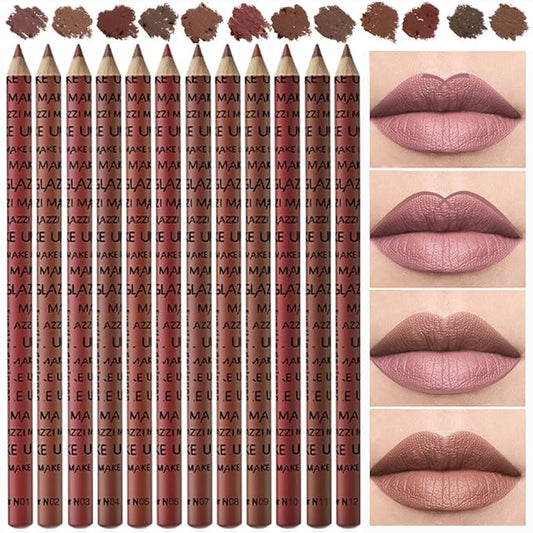 12 Pcs Natural Nude Brown Beige Colors Lip Liner Lipstick Pencils Set for Daily Makeup,Easy to Apply & Remove,Waterproof (B)