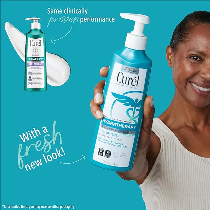 Curel Hydra Therapy, Itch Defense Moisturizer, Wet Skin Lotion, with Advanced Ceramide Complex, Vitamin E, & Oatmeal Extract, Helps to Repair Moisture Barrier, 12 Oz