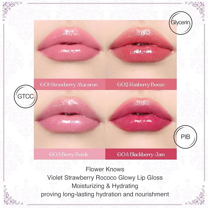 Flower Knows Violet Strawberry Rococo Glowy Lip Gloss G01 Little Angel Matte Lipstick C06