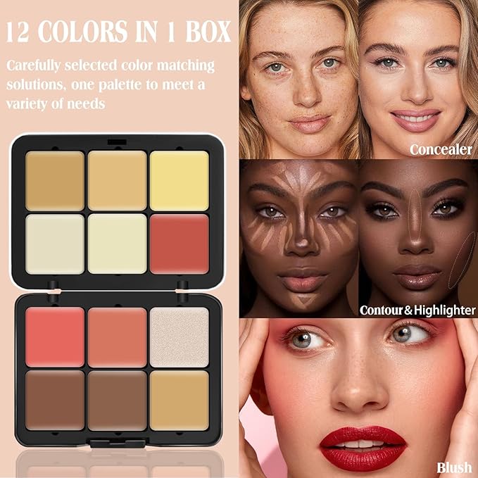 12 Colors Cream [Blush+Contour+Concealer+Highlighter] Makeup Palette for Cheeks