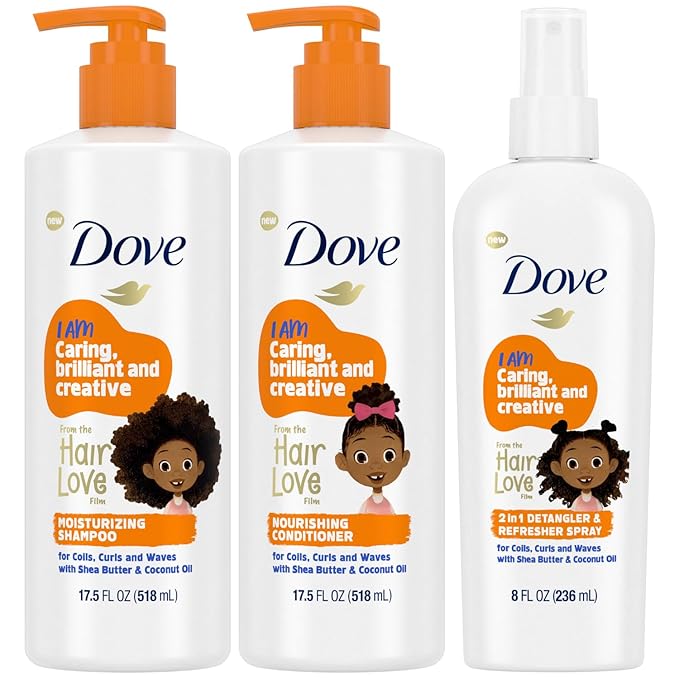 Dove Shampoo and Conditioner Set + Detangler Spray for Kids - Kids Hair Love Collection, Shampoo and Conditioner, Curly and Wavy Hair Products (3 Piece Set)