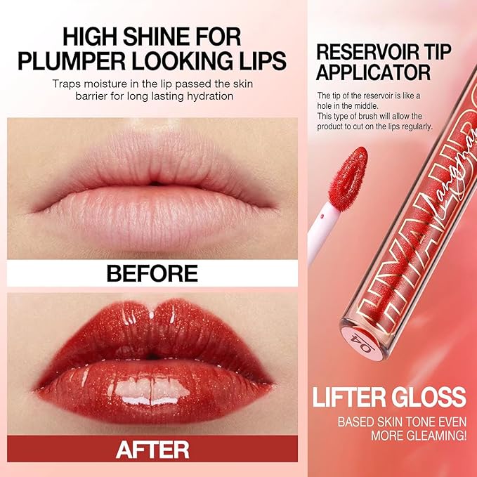 Jelly Red Lip Gloss Lipstick Lip Plumper Gloss Tinted Glitter Lipgloss Teens Moisturizing Lip Balm Lip Oil High Shine And Vegan Plumping Lip Gloss For Women Girls Long-Lasting Dry Lip Care (04#)