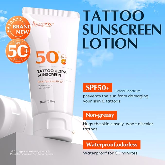 Sexymix Tattoo Sunscreen Lotion, Tattoo Aftercare SPF 50 90mL Sunscreen Lotion, Waterproof, Prevents Tattoo Fading, Non-Greasy