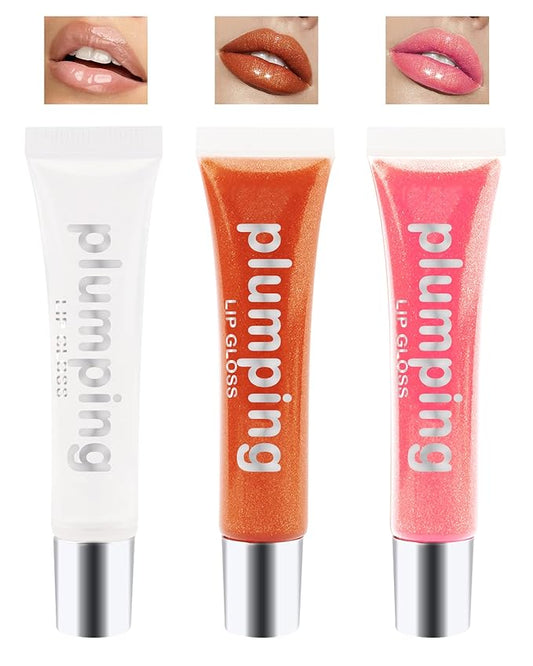 Hydrating Lip Glow Oil-3Pcs Tinted Plumping Lip Oil Lip Plumper, Moisturizing Smooth Lipgloss for Lip Care, Glossy Finish Clear Tint Shiny and Vegan Juicy Lip Gloss,Nourishing Non-Sticky Formula-Set C