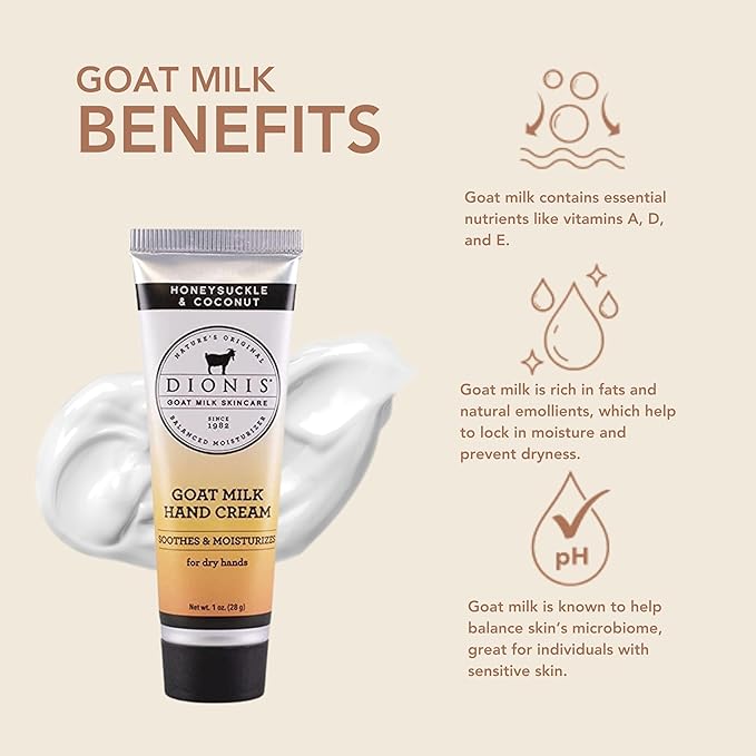 Dionis - Goat Milk Skincare Scented Hand Cream (1 oz) Set of 6, Moisturizing Lotion for Dry Skin, Good for Sensitive Skin, Cruelty-free and Paraben-free (Honeysuckle & Coconut)