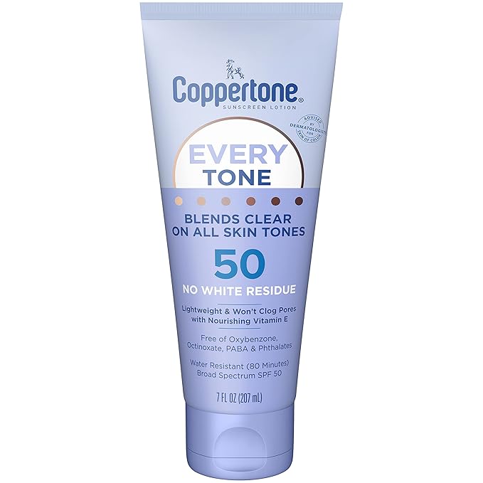 Coppertone Every Tone Sunscreen Lotion SPF 50, Lightweight, Rubs on Clear Sunscreen for All Skin Tones, Formulated with Nourishing Vitamin E, 7 Fl Oz Tube