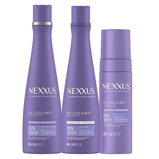 Nexxus HY-VOLUME Weightless Lift Shampoo, Conditioner & Foam 3 Pack PROTEIN FUSION with Collagen Protein & Hyaluronic Acid For Flat & Limp Hair for 48 Hours of Volume 13.5 fl oz & 5.5 fl oz