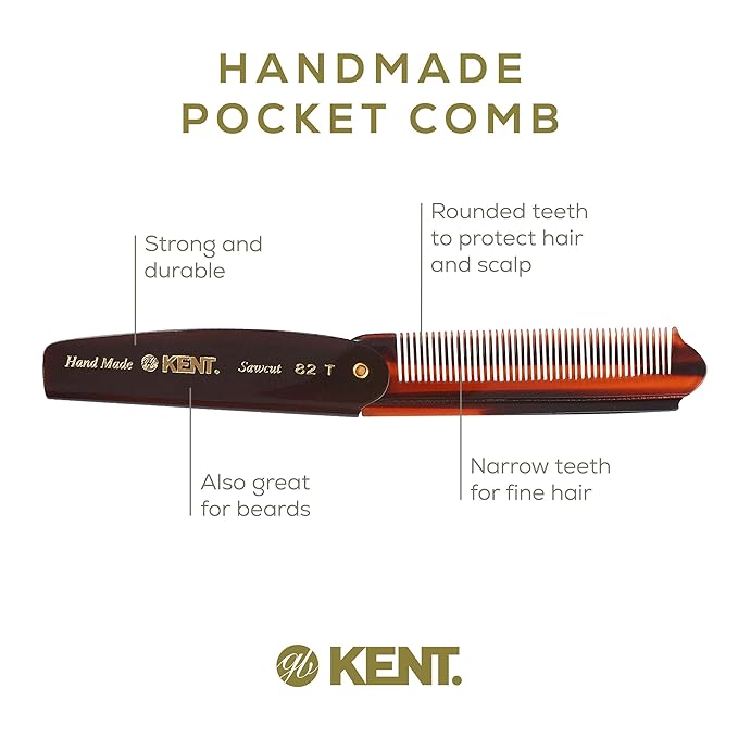Kent 82T Handmade Folding Pocket Comb for Men, Fine Tooth Hair Comb Straightener for Everyday Grooming Styling Hair, Beard or Mustache, Use Dry or with Balms, Saw Cut Hand Polished, Made in England