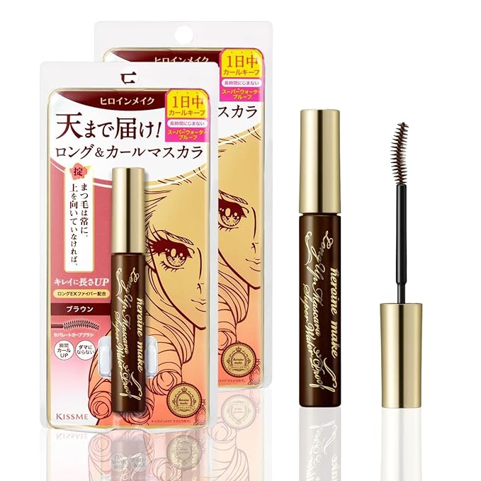 HEROINE MAKE by KISSME Mascara Duo Set | 2 Full-Size - Long & Curl Up | Waterproof Mascara Brown, Lengthening & Volume Fiber Tubing Mascara Makeup, WP 02 Brown