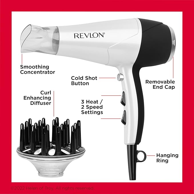 REVLON Volume Booster, Hair Dryer with Curl Enhancing Diffuser | Increase Volume, Decrease Frizz and Damage, Fast Drying, 1875 Watts (White)